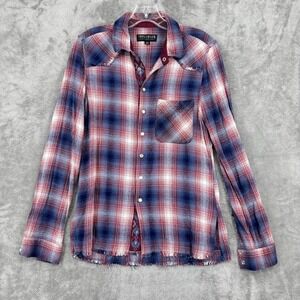 Idyllwind Shirt Womens Small Plaid Flannel Frayed Hem Pearl Snap Western Boho
